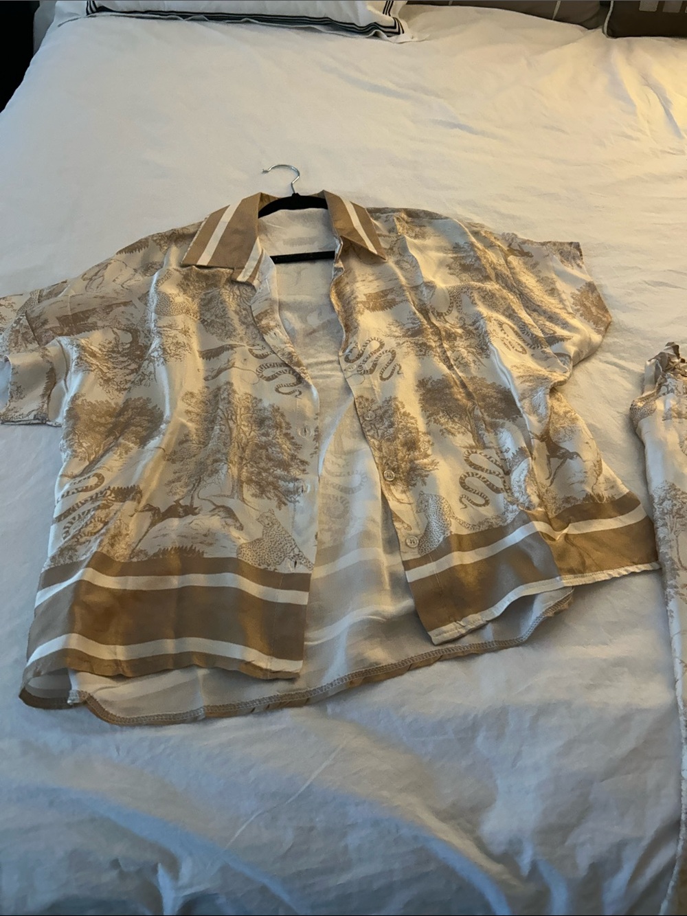 Beige & Cream Printed Short Sleeve Button-Up Shirt & drawstring pants